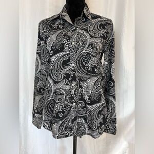 Chaps 100% cotton black & white paisley print long sleeve button down blouse M